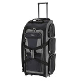A silver30" rolling upright multi-pocket duffel.