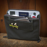 This is a Walter and Ray elephant grey calf skin leather airplane seat back organizer opened w/ cell phone inside magnetic front pocket