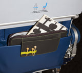 This is a Walter and Ray elephant grey calf skin leather airplane seat back organizer shown inside airplane seat back pocket w/ tablet inside protective pocket