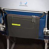 This is a Walter and Ray elephant grey calf skin leather airplane seat back organizer shown inside airplane seat back pocket.