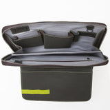 This is a Walter and Ray elephant grey calf skin leather airplane seat back organizer opened showing tablet or laptop section & multiple pockets.
