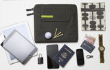 This is a Walter and Ray elephant grey calf skin leather airplane seat back organizer shown w/ tablet, laptop, cell phone, smart phone, watch, passport, notebook, money & TSA lock