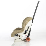 A black gogokidz Original Travelmate w/ razor wheels, fold down plate & telescopic handle & kids car seat attached.