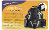 A black Alpha Sherpa backpack w/ Padded laptop, Cooler w/ soft-sided storage, a Parent pack that includes changing pad, insulated bottle holder, padded interior pocket for iPad/notebook