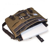 An open olive 14"-15" ECO Chromebook / Ultrabook Messenger w/ Padded Computer Compartment,  Integrated iPad/Tablet Pocket, & Padded, Removable Shoulder Strap