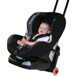 A black gogokidz Original Travelmate w/ razor wheels, fold down plate & telescopic handle & kids car seat attached w/ baby in it.