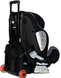 A black gogokidz Original Travelmate w/ razor wheels, fold down plate & telescopic handle & kids car seat attached.