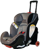 A black gogokidz Original Travelmate w/ razor wheels, fold down plate & telescopic handle & kids car seat attached.