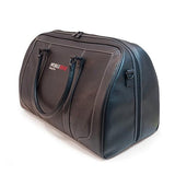 A black leather duffel w/ ruggedized bottom panel & matching leather shoulder strap
