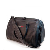 A black leather duffel w/ ruggedized bottom panel & matching leather shoulder strap