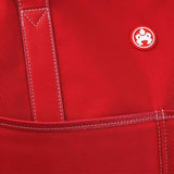 A large red ballistic nylon Sumo Large Tote / diaper bag w/ white stitching, faux-leather detail, Interior & Exterior pockets all around, Magnetic Closures & Printed liner