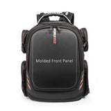 A black 17" Core Gaming Checkpoint Friendly laptop Backpack w/ Molded Panel, red trim, 4 side accessory pockets, external USB Charge Port built in.