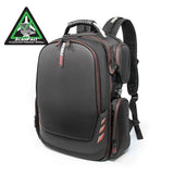 A black 17" Core Gaming Checkpoint Friendly laptop Backpack w/ Molded Panel, red trim, 4 side accessory pockets, external USB Charge Port built in.