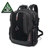 A ballistic nylon black 16" Gaming Checkpoint Friendly Backpack w/ red trim & velcro front panel, padded air-mesh shoulder straps & back panel, padded carry handle & trolley strap for stacking on other luggage.