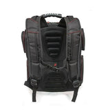 A back view of ballistic nylon black 16" Gaming Checkpoint Friendly Backpack w/ red trim & velcro front panel, padded air-mesh shoulder straps & back panel, padded carry handle & trolley strap for stacking on other luggage.
