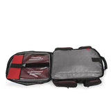 An opened ballistic nylon black 16" Gaming Checkpoint Friendly Backpack w/ red trim & velcro front panel, padded air-mesh shoulder straps & back panel, padded carry handle & trolley strap for stacking on other luggage.