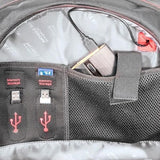 An opened ballistic nylon black 16" Gaming Checkpoint Friendly Backpack w/ red trim & velcro front panel, padded air-mesh shoulder straps & back panel, padded carry handle & trolley strap for stacking on other luggage.Shows embedded USB ports.