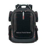A ballistic nylon black 16" Gaming Checkpoint Friendly Backpack w/ red trim & velcro front panel, padded air-mesh shoulder straps & back panel, padded carry handle & trolley strap for stacking on other luggage.