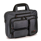 A 16" Graphite Corporate Briefcase w/ three exterior padded pockets, padded handles & shoulder strap.