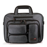 A 16" Graphite Corporate Briefcase w/ three exterior padded pockets, padded handles & shoulder strap.