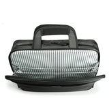An opened 16" Graphite Corporate Briefcase w/ three exterior padded pockets, padded handles & shoulder strap.