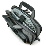 An opened 16" Graphite Corporate Briefcase w/ three exterior padded pockets, padded handles & shoulder strap showing tech gear, files & tablet inside pockets.