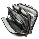 An opened 16" Graphite Nylon Briefcase w/ padded computer pocket, file section & workstation w/ pockets