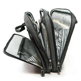 An opened 16" Graphite Nylon Briefcase w/ padded computer pocket, file section & workstation w/ pockets