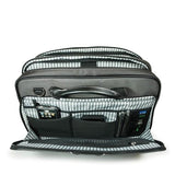An open 16" Graphite Nylon Briefcase w/ padded computer pocket, file section & workstation w/ pockets