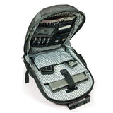 An open 17.3" Graphite Laptop Backpack w/ padded shoulder straps, Padded Computer Compartment, Removable ID Holder w/ Multiple Anchor Locations, Custom Molded Fasteners & Padded Back Panel