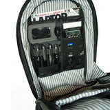 An open 17.3" Graphite Laptop Backpack w/ padded shoulder straps, Padded Computer Compartment, Removable ID Holder w/ Multiple Anchor Locations, Custom Molded Fasteners & Padded Back Panel