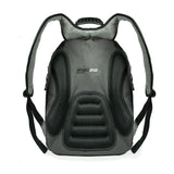A back view of 16" Graphite Express Backpack w/ Media/Phone Pocket for MP3 Player or Smartphone w/ Headphone Pass-through, Ergonomic Ventilated Back Panel, Integrated iPad/Tablet.