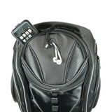 A 16" Graphite Express Backpack w/ Media/Phone Pocket for MP3 Player or Smartphone w/ Headphone Pass-through, Ergonomic Ventilated Back Panel, Integrated iPad/Tablet w/ iPhone inserted in pocket.