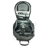 An opened 16" Graphite Express Backpack w/ Media/Phone Pocket for MP3 Player or Smartphone w/ Headphone Pass-through, Ergonomic Ventilated Back Panel, Integrated iPad/Tablet.