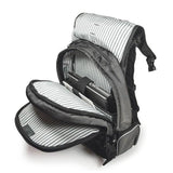An open 17.3" Graphite Premium laptop Backpack w/ Internal Media Pocket, headphone pass-through port, Ventilated Back Panel & Removable Smartphone Pocket