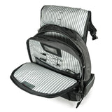 An open 17.3" Graphite Premium laptop Backpack w/ Internal Media Pocket, headphone pass-through port, Ventilated Back Panel & Removable Smartphone Pocket