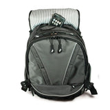 An open 17.3" Graphite Premium laptop Backpack w/ Internal Media Pocket, headphone pass-through port, Ventilated Back Panel & Removable Smartphone Pocket