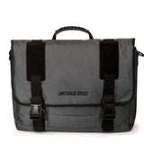 A 17.3" Graphite Messenger bag w/ Padded Computer Compartment, Removable ID Holder, Custom Molded Fasteners, Padded Back Panel, Full-Size Back Pocket, Padded Shoulder Strap
