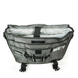 An open 17.3" Graphite Messenger bag w/ Padded Computer Compartment, Removable ID Holder, Custom Molded Fasteners, Padded Back Panel, Full-Size Back Pocket, Padded Shoulder Strap