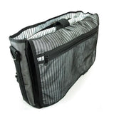 An open 17.3" Graphite Messenger bag w/ Padded Computer Compartment, Removable ID Holder, Custom Molded Fasteners, Padded Back Panel, Full-Size Back Pocket, Padded Shoulder Strap