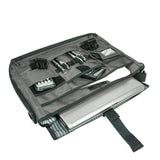 An open 17.3" Graphite Messenger bag w/ Padded Computer Compartment, Removable ID Holder, Custom Molded Fasteners, Padded Back Panel, Full-Size Back Pocket, Padded Shoulder Strap