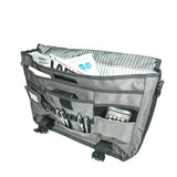An open 17.3" Graphite Messenger bag w/ Padded Computer Compartment, Removable ID Holder, Custom Molded Fasteners, Padded Back Panel, Full-Size Back Pocket, Padded Shoulder Strap