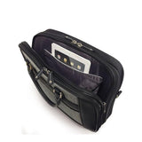 An opened 16" ScanFast Herringbone Element Briefcase w/ black trim, Trolley strap for use with rolling luggage, Padded Computer Section, Padded Tablet Section, Separate Zippered Workstation, File Sections & Padded Shoulder Strap