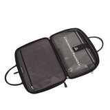 An opened 16" ScanFast Herringbone Element Briefcase w/ black trim, Trolley strap for use with rolling luggage, Padded Computer Section, Padded Tablet Section, Separate Zippered Workstation, File Sections & Padded Shoulder Strap