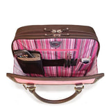 An opened Pink Suede 16" ScanFast Element Checkpoint Friendly Briefcase w/ Trolley strap for use with rolling luggage, Padded Computer Section, Separate Zippered Workstation, File Sections, Padded Shoulder Strap, Steel Fittings & Faux Leather Wrapped Handles, Exterior Pockets & Matching Detachable Cosmetic Purse