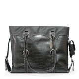 A black 16"-17" Signature Faux-Croc laptop Tote w/ SafetyCell Computer Protection Compartment, Flattened non-slip straps, Detachable Cell Phone Pocket Detachable matching cosmetics/accessory pouch Polished silver buckles & self-healing zipper