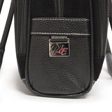 A side view of black 14"-16" Classic Corduroy Laptop Tote w/ Poly-fur lined pocket for iPad or Tablet, Zip-down workstation, Separate accordion file section, Full-length exterior pocket & trolley strap