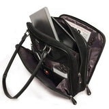 An open black 14"-16" Classic Corduroy Laptop Tote w/ Poly-fur lined pocket for iPad or Tablet, Zip-down workstation, Separate accordion file section, Full-length exterior pocket & trolley strap