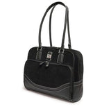 A black 14"-16" Classic Corduroy Laptop Tote w/ Poly-fur lined pocket for iPad or Tablet, Zip-down workstation, Separate accordion file section, Full-length exterior pocket & trolley strap