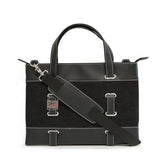 A black corduroy 11"-14" tote w/padded compartment for Ultrabook, poly-fur lined pocket specifically for iPad or Tablet, Removable, adjustable shoulder strap